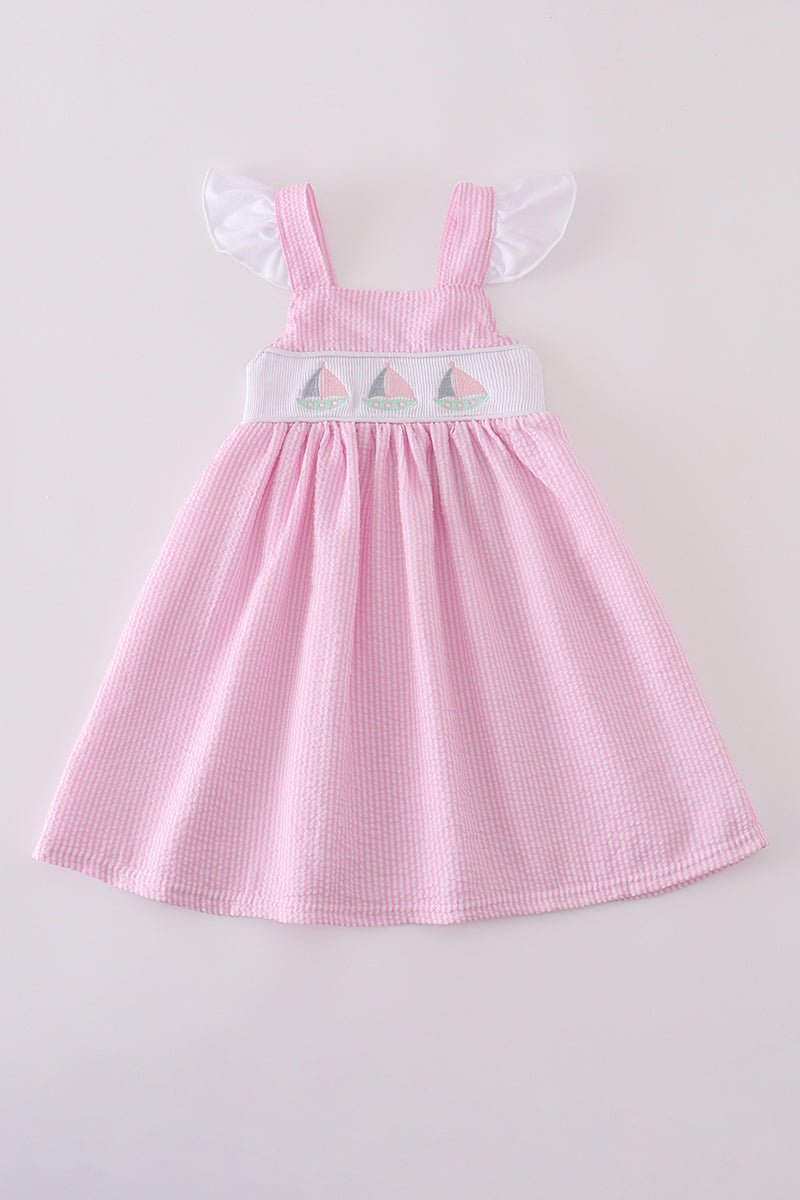 Pink Seersucker Sailboat Embroidery Smocked Dress